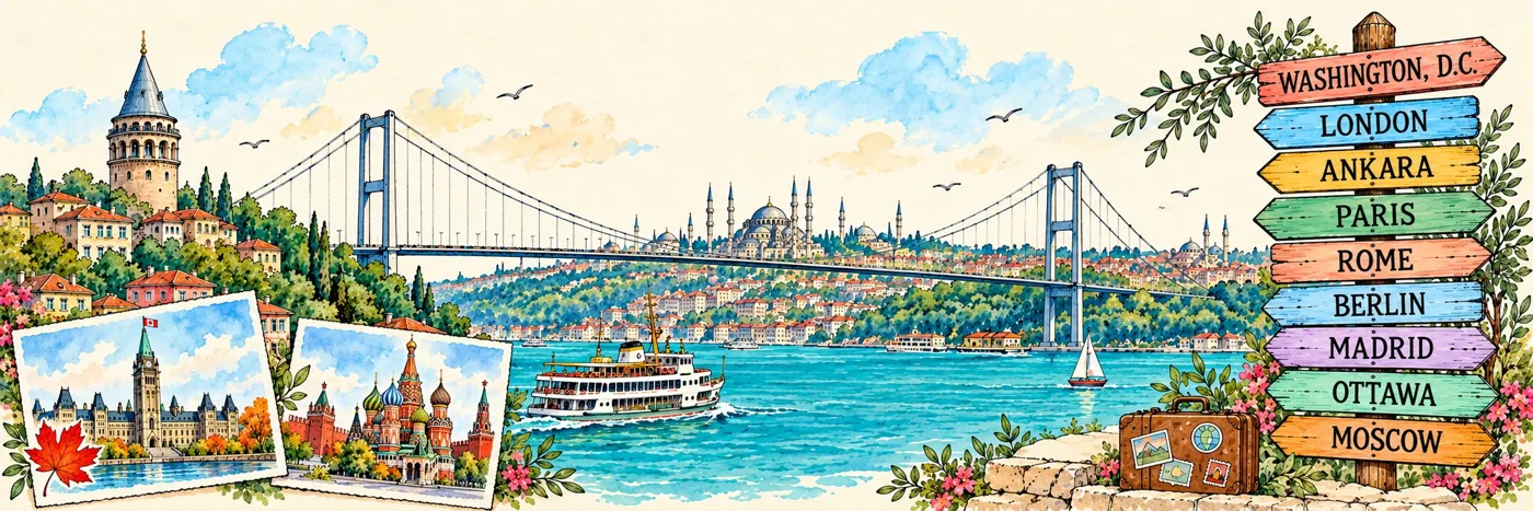 Illustrated Istanbul skyline, Bosphorus bridge and world capital signposts